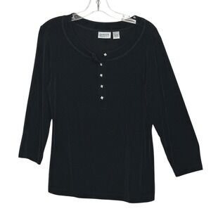 Chicos Travelers Womens Henley Black Rhinestone Button Elegant Dressy Party SZ 2